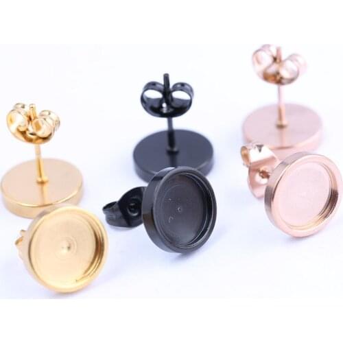 10pcs Rose Gold Black Stainless Steel Post Stud Earring Base Settings 6mm 8mm 10mm Dia Blank Cabochon Bezel Findings