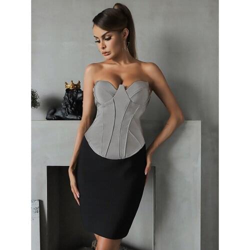 2021 Summer Sexy Strapless Gray Black Patchwork Women Party Dress Femme Casual Bodycon Vintage Backless Bandage Vestidos DH7579