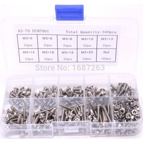 340pcs/set M3 Button Head Hex Socket Screw Bolt Nut Stainless Steel M3 Screws Nuts Assortment Kit Fastener Hardware For RC Parts