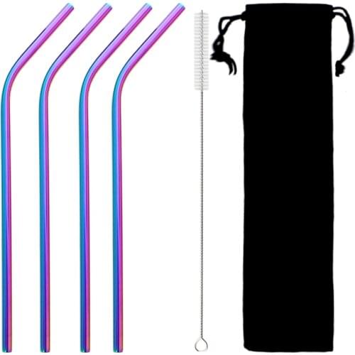 Stainless Steel Fruit Juice Drinking Straw 6pcs Metal Rainbow Straw Set with Cleaner Brush Storage Bag Reusable Bent Straw Set