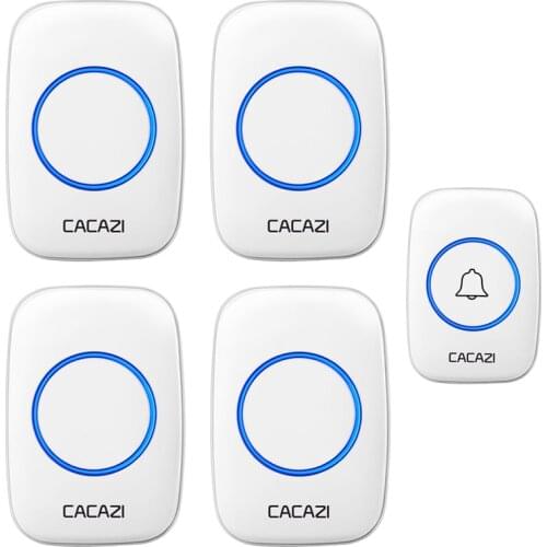 CACAZI Wireless Doorbell Waterproof DC Battery-operated 60 Chimes 5 Volume 0-110dB Home Cordless Door Bell 1 Button 4 Receiver