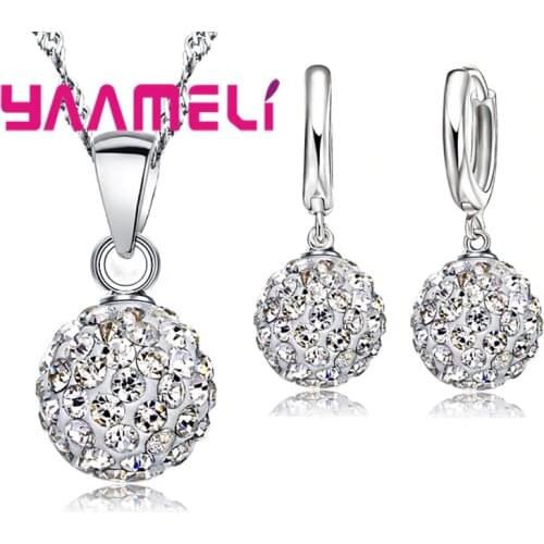 Shiny Latest Jewelry Set 925 Sterling Silver Austrian Crystal Pave Disco Ball Lever Back Earring Pendant Necklace Women