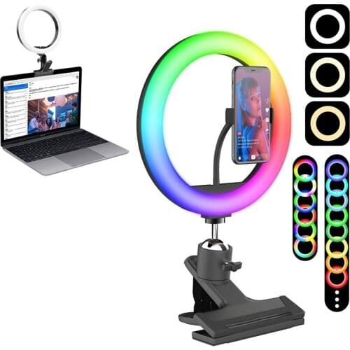 Selfie Ring Light with Clip Clamp Mount Desk Makeup Video 360 Degrees Rotatable Dimmable LED Light Ring Live Steam Webcam Light