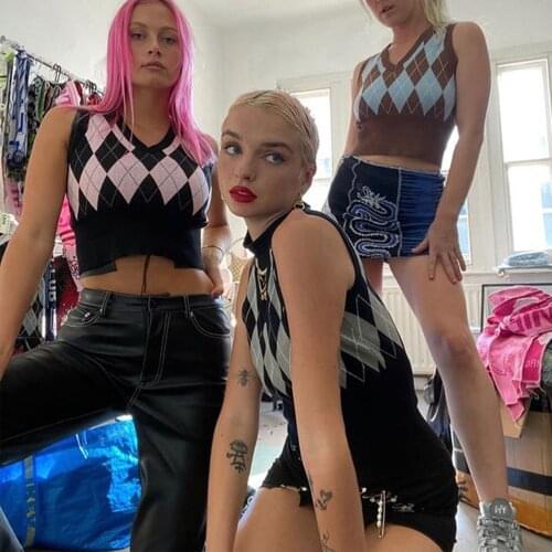 British Style Y2K Crop Top Vest Girls Women Vintage Plaid Sleeveless V-Neck Jumper Preppy Style Knitted Pullover Clothes