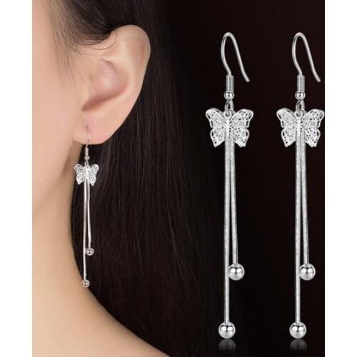 Sweet Hipster Exaggerated Long Tassel Drop Earrings Fashion Hollow Bow Dangle Earrings Silver Jewelry Women Accessories