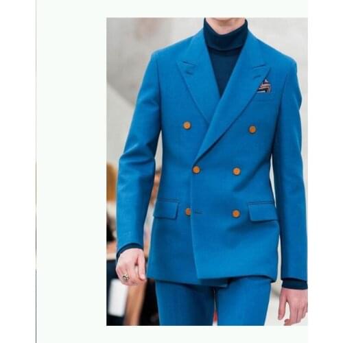 Double Breasted Blue Men Wedding Suits 2018 Peaked Lapel Slim Fit Groom Tuxedos Men Blazers 2 Piece Jacket+Pants Party Wear
