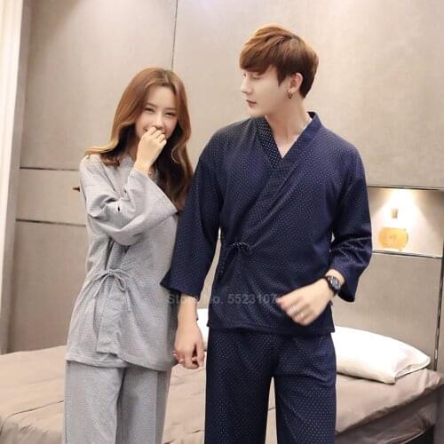 2020 New Japanese Style Couples Pajamas Set V-neck Kimono Yukata Samurai Man Women Cardigan Trousers Suit Sleepwear Comfortable