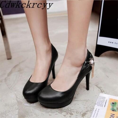 Spring and Autumn New pattern fashion Round head High-heeled Women Shoes black white Pink Tassels Shallow mouth Women Shoes34-45