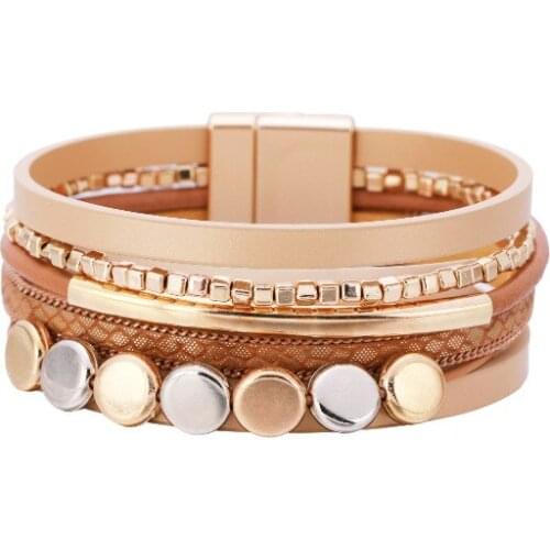 New Style Bracelet Color Matching Metal Brass Tube Bracelet Ladies Retro Ethnic Style Multilayer Magnetic Leather Wholesale
