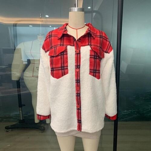 2021 Women Autumn Winter Coat Turn Down Collar Plaid Patchwork Buttons Coat Plush Jacket Thick Vintage Warm Pockets Outwear