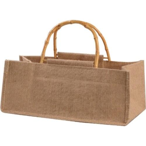 Portable Burlap Jute Shopping Bag Handbag Bamboo Loop Handles Reusable Tote H9ED