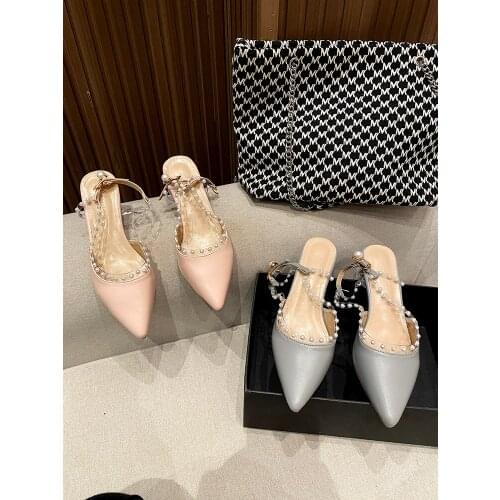 Pure Color Baotou Ladies Sandals Summer New Style Pointed High Heels Pearl Buckle Temperament High Heels Hot Sale