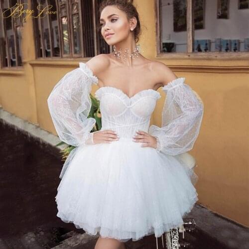 Sexy White Wedding Dress 2020 Lace Short Marriage Long Sleeves Ivory Wedding Bride Gown Tulle Sweetheart Mini Bridal Dresses