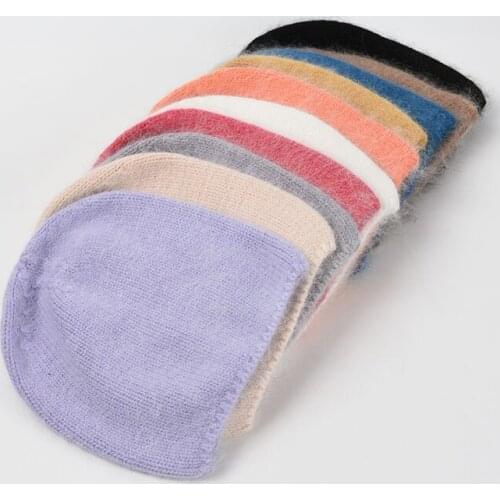 OMEA Angora Rabbit Fur Winter Hat Women Solid Hairy Warm Knitted Girl Hat Designer Bonnets Korean Fuzzy Pink Soft Beanie Luxury