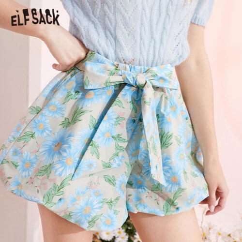ELFSACK Daisy Floral Print High Waist Smart Casual Women Wide Leg Shorts 2021 Summer ELF Chic Bows Ladies Basic Daily Bottoms
