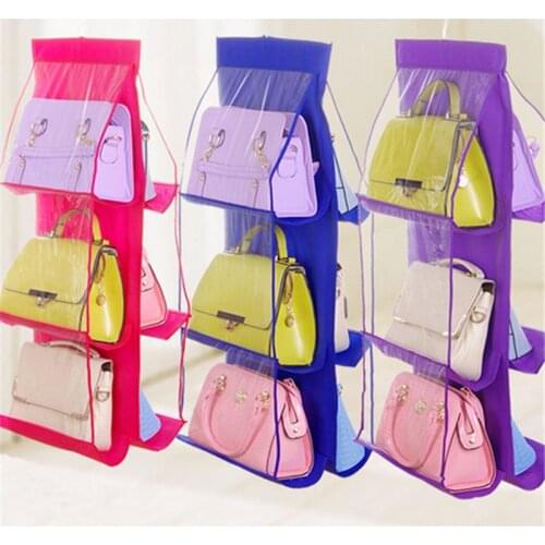 6 Pocket 3 Layers Foldable Hanging Bag Folding Shelf Bag Purse Handbag Organizer Wardrobe Transparent Pocket Hanger Storage Bag