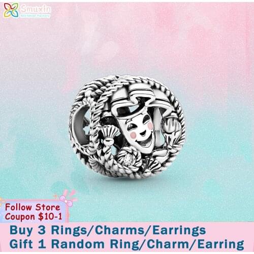 Smuxin 925 Sterling Silver Comedy & Tragedy Drama Masks Charm fit Original Pandora Bracelets Women Jewelry Making Girl Jewelry
