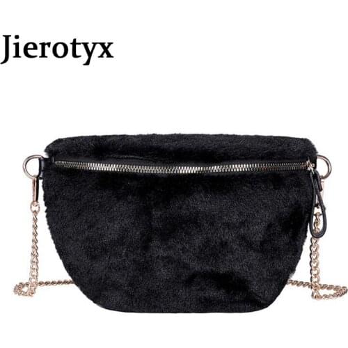 JIEROTYX Fake Fur Chain Messenger Bags For Women Front Zipper Black White Crossbody Bags 2020 Designer High Quality Drop Ship