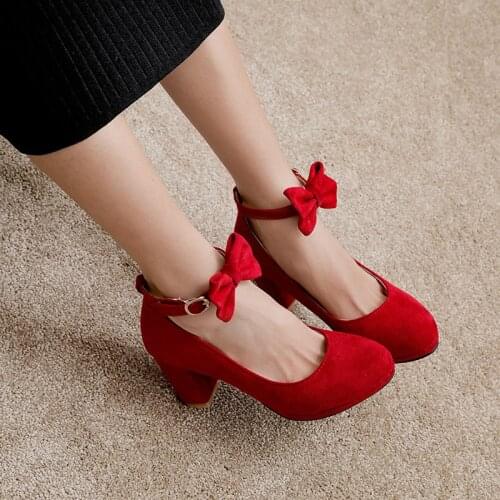 YQBTDL Summer Sweet Ladies Heels Bowtie Cute Ankle Strap Princess Lolita Shoes Red Black Pink Block High Heel Pumps Big Size