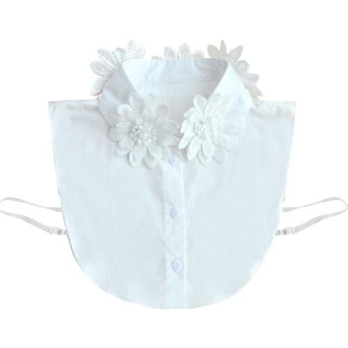 Women Girls Handmade Embroidery Flower Applique Lapel False Fake Collar Classic Solid Color Detachable Chiffon Half-Shirt Blouse