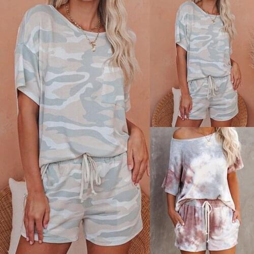 Summer Womens Round Neck Short-sleeved Shorts Loose 2-piece Set, Printed Tie-dye Printing Plus Size, Home Wear Sports Suit