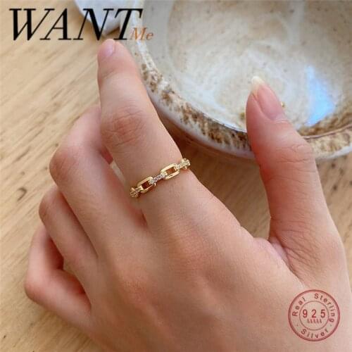 WANTME Luxury Real 925 Sterling Silver Pave Crystal Zircon Cuba Chain Open Ring for Women Fashion Punk Hip Hop Party Jewelry