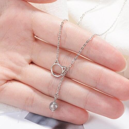 925 Sterling Silver Necklaces Natural Strawberry Crystal Moonstone Tassel Cat Necklace For Women Clavicle Chain S-N252