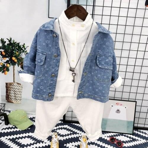 Spring New Boys Casual Suits Children Clothing Sets Fashion Print Denim Jacket White Shirt Pants Kids Korean 3pcs Set For Boy