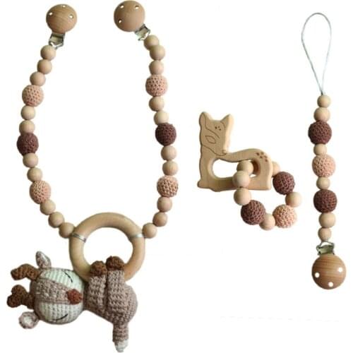 3 Pcs/Set Baby Pram Stroller Hanging Pendant Pacifier Chain Clip Infants Wooden Teether Bracelet Rattle Nursing Chewing Toys Sh