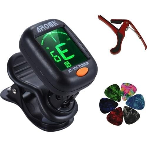 Aroma AT-101 Mini Chromatic Bass Violin Ukulele Guitar Tuner + Capo + 6 Picks