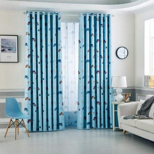 Blue American Style Cartoon Car Printing Curtains for Bedroom Children Custom Green Fabric Blind Drapes