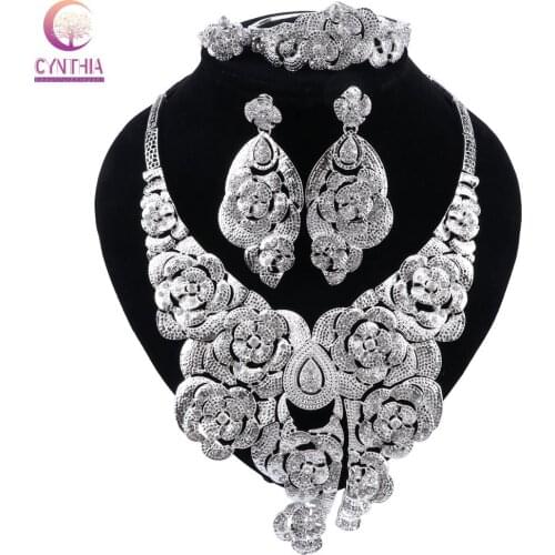 CYNTHIA Bridal Jewelry Set Nigerian Wedding Dubai Silver color Jewelry Set for Women African Flowers Necklace Earrings Jewellery