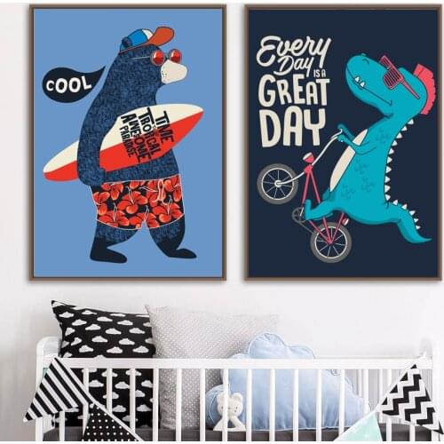 Dinosaur Bicycle Surf Bear Crocodile Quotes Wall Art Canvas Painting Nordic Posters And Prints Wall Pictures Kids Room Decor