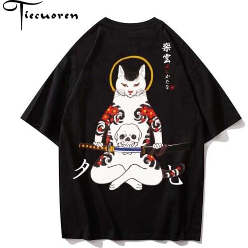 Men Oversize T Shirts Japanese Ninja Cat T-shirt half sleeve Ukiyoe cats tshirt Hip Hop Streetwear Cotton Top Tees drop shipping