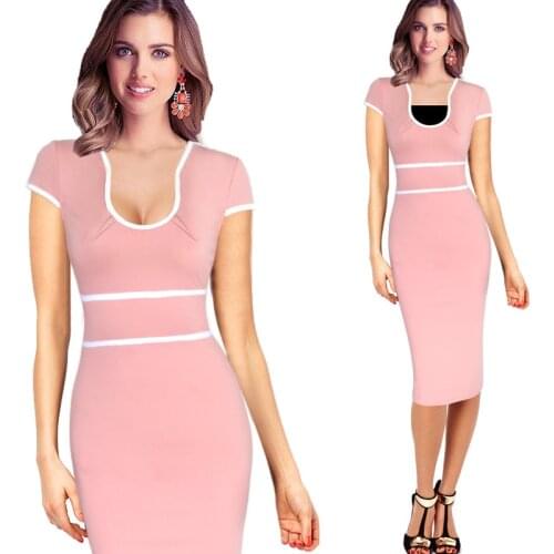 HGTE Womens Celebrity Sexy Elegant Contrast High Waist Vintage Pinup Tunic Slim Work Business Casual Party Bodycon Dress