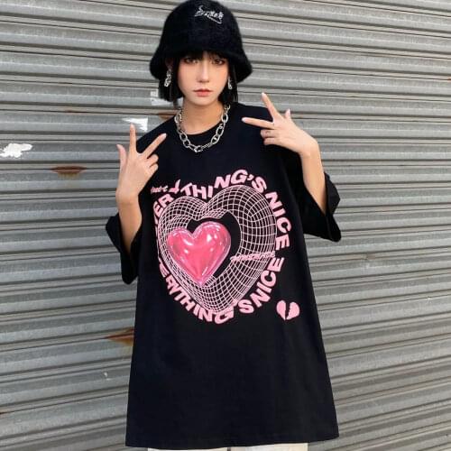 Cotton Cyber Y2k Clothes for Teens Love Printing Traf Pink Top Black T-shirt Cute Studio Ghibli Couples Matching