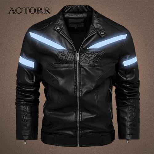 Winter Mens Leather Jacket Reflective Article Fashion Motorcycle PU Jacket Men Warm Zipper Pockets Coats Biker Cool Man Outwear