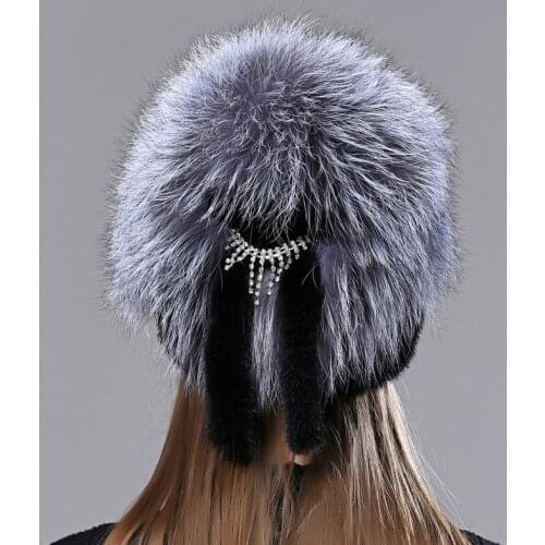 Fur Hat Russian Warm Winter Hats For Women Natual Mink Fox Hat With Tail Fluffy Fur Hat, Gift For Wife Mom Female Fur Hat