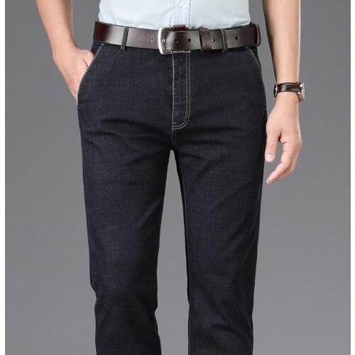 Mens Business High Waist Denim Suit Pants Trendy Fashion Stretch Loose Straight Thin Jeans Middle-Aged Elderly Brand Trousers