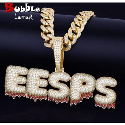 Custom Name Red Color Drip Bubble Letters Pendants Necklaces Mens Zircon Hip Hop Jewelry