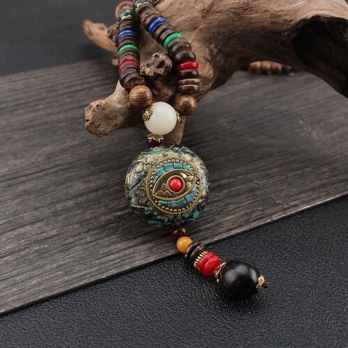 Retro Ethnic Round Turkish Eye Pendant Necklace Ganesh Elephant Long Sweater Necklace Buddhist Wood Mala Beads Religion Jewelry
