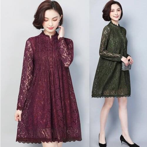 Spring Fall Casual Women Stand Collar Long Sleeve Pleated Loose Lace Dress , Female Womens Wine Red Green Black 4xl 5xl Dresses