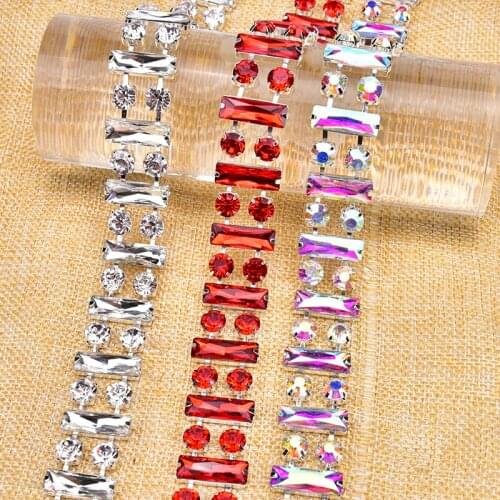 1Meter rhinestone chain color Dense rectangular + round crystal diamond Trim Sew on shoe clothing belt wedding DIY decoration