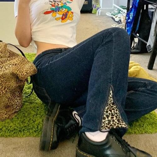 Patchwork Casual Ladies Trousers 2020 Autumn New Fashion Split Leopard Stitching High Waist Slim Casual Jeans Trousers