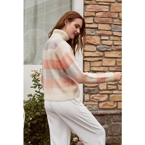 Casual Turtleneck Plaid Women Sweater Autumn Winter Long Sleeve Knitted Top Female Streetwear Ladies Pullover Jumper