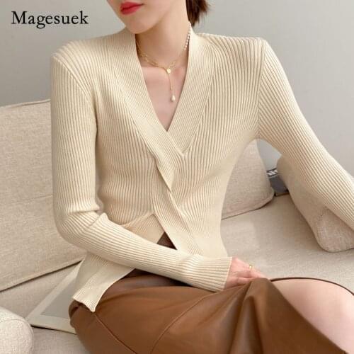 French V-neck Cross Knitted Shirt Solid V-neck Long Sleeve T-shirt Womens Autumn Winter Sweater Elegant Slim Tops Female 16654