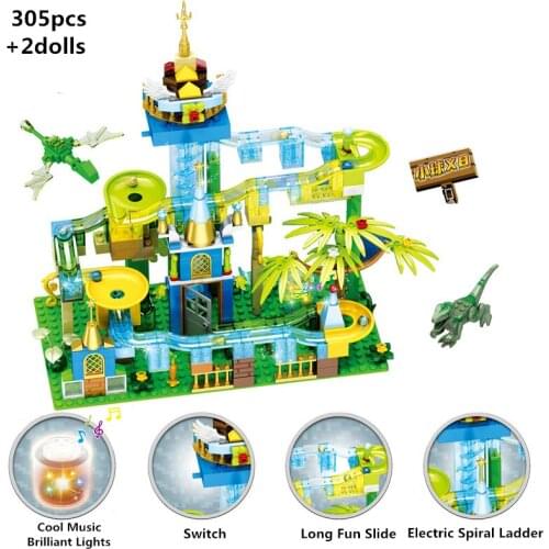 With Lights Ideas Marble Race Run Electric Funnel Slide Track Small Building Blocks Model Bricks Dinosaur Park World Kids Toys