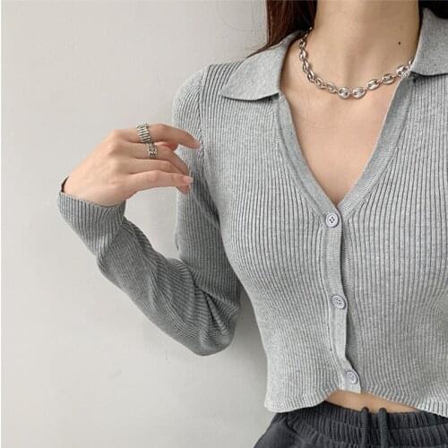 TVVOVVIN Lapel Long Sleeve Slim Short Knitting Tops Korean Solid Color Screw Thread Open Navel Irregular Cardigan Dl3x