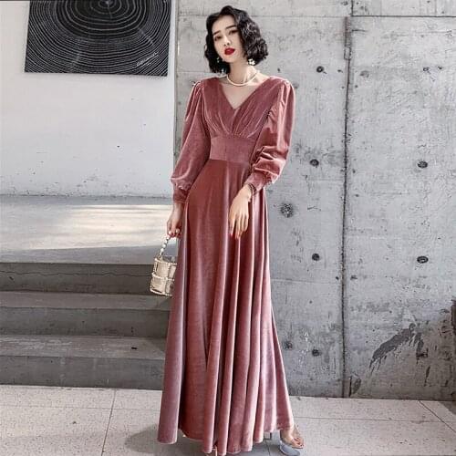 Evening Dresses Deep V-Neck Plus size A-line Ankle-length Full Sleeves Simple Velour Elegant New Woman Formal Party Dress A256