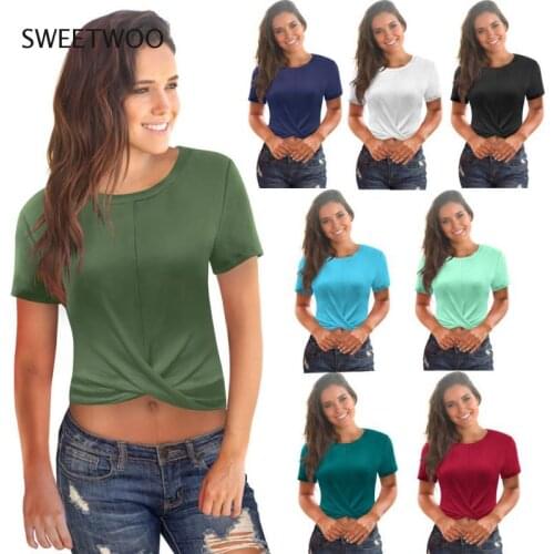 Summer Womens T-shirt Retro Round Neck Cross Navel Short Sleeve Sweatshirt Gym Yoga Blouse Sports T-shirt